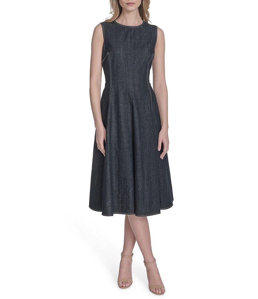 Vince Camuto Denim Boat Sleeveless Neckline Fit and Flare Midi Dress Product Image