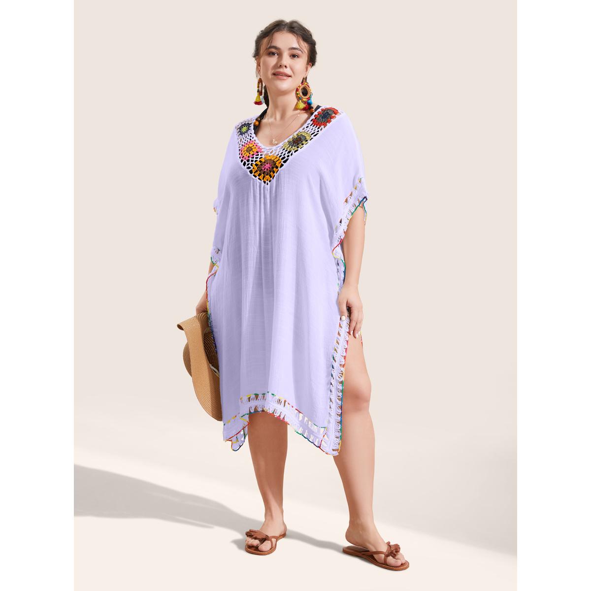 Plus Size Colored Crochet Slit Hem Swim Cover Up Women's Swimwear Lavender Beach Loose Crochet Curve Swim Cover Ups BloomChic 18-20/2X Product Image