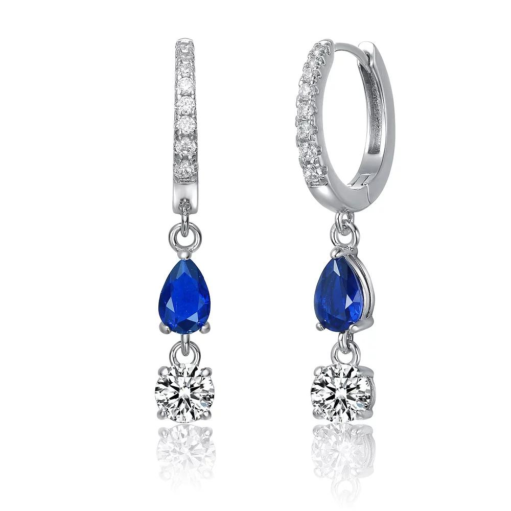 Two-Stone Cubic Zirconia Dangle Huggie Hoop Earrings, Women's, Silver Tone Blue Product Image