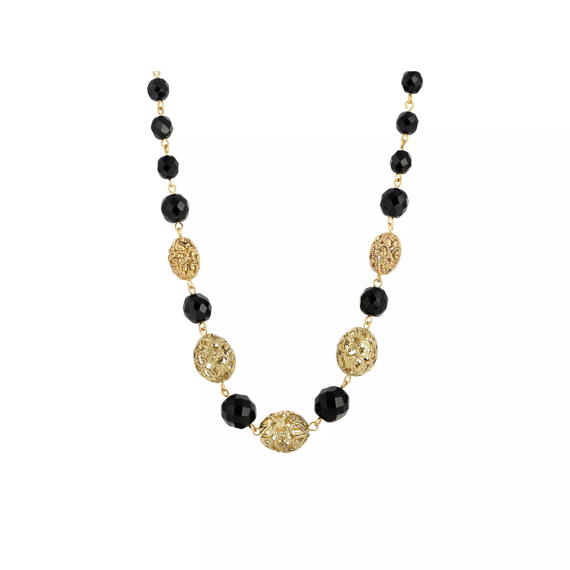 1928 Gold Tone Filigree Bead and Black Beaded Necklace, Womens Product Image