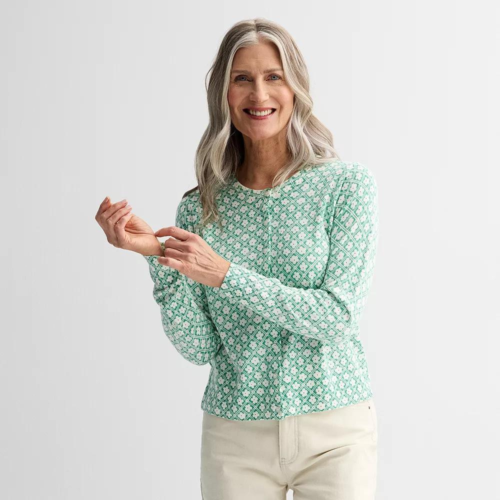 Women's Croft & Barrow® Crewneck Long Sleeve Classic Cardigan, Size: XL, Green Floral Tile Product Image