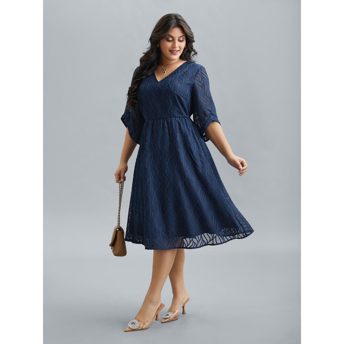 Plus Size Chiffon Textured Sheer Sleeve Midi Dress Navy Women At the Office Texture V-neck Elbow-length sleeve Curvy BloomChic 22-24/3X Product Image