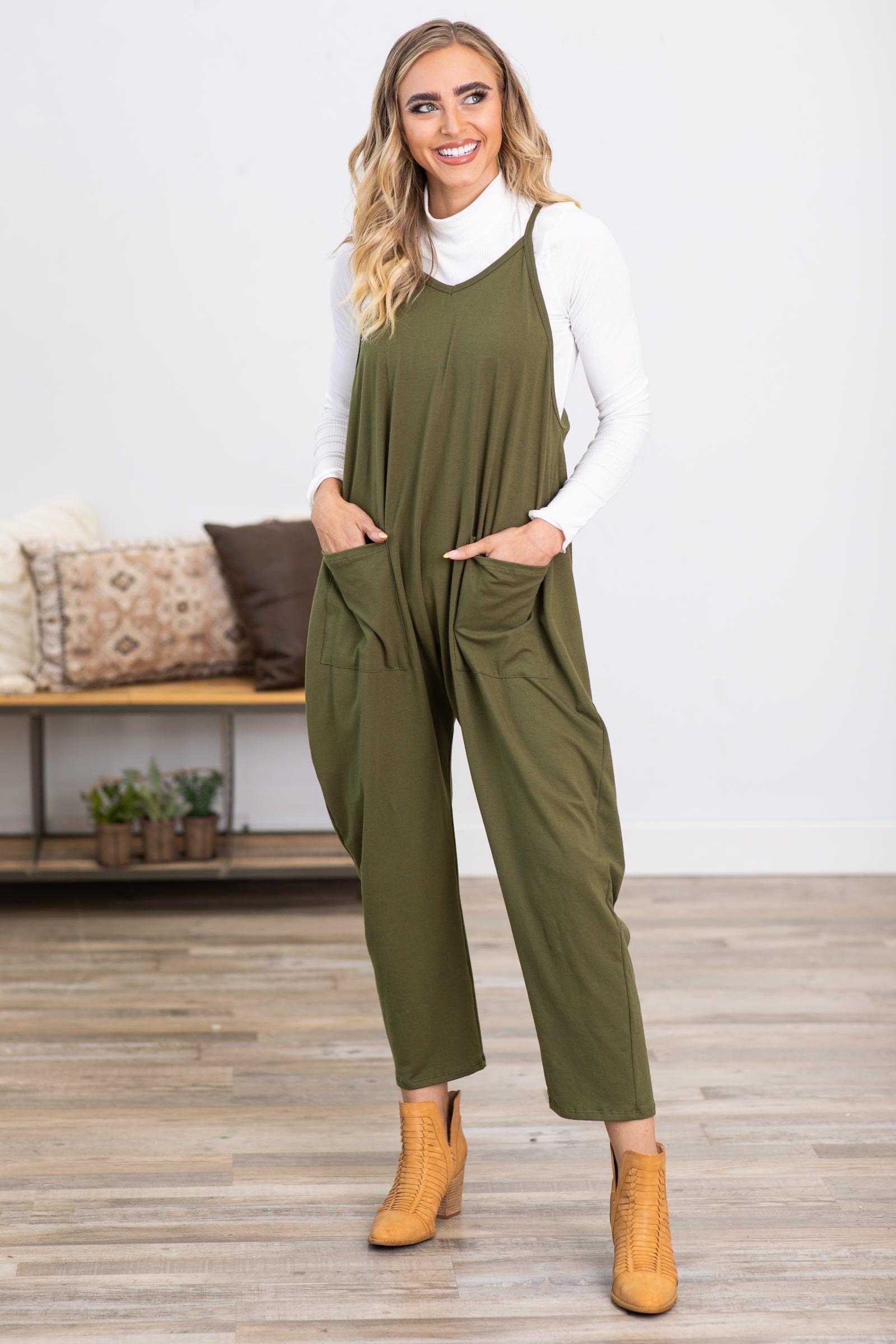 Olive Knit Jumpsuit With Pockets Product Image