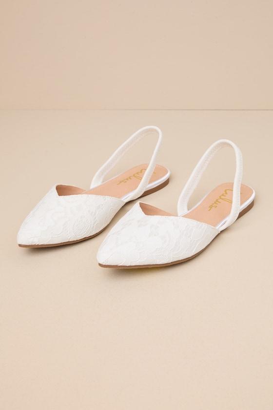 Mae White Lace Pointed-Toe Slingback Flats Product Image