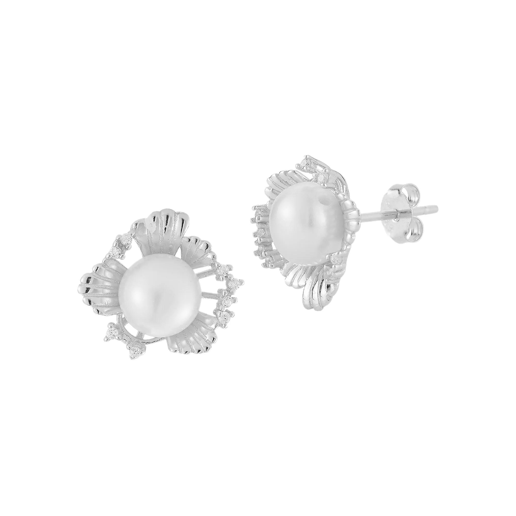 Sunkissed Sterling Freshwater Cultured Pearl Seashell Stud Earrings, Women's, Silver Tone Product Image