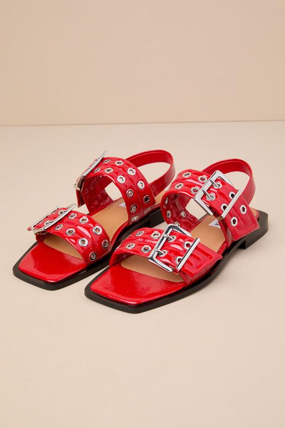 Sandria Red Patent Studded Buckle Slingback Sandals Product Image