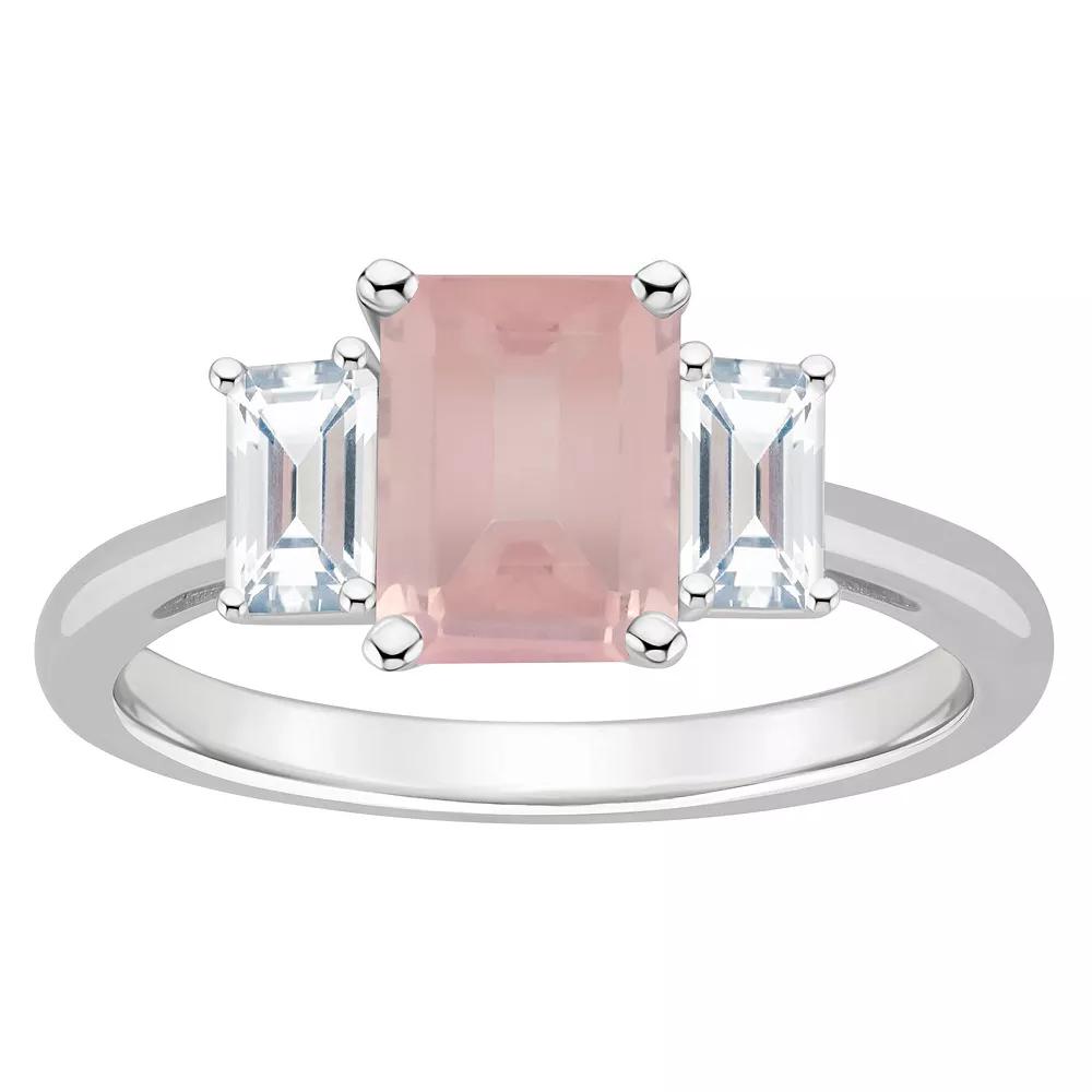 Alyson Layne Sterling Silver 8 mm x 6 mm Emerald Cut Gemstone & White Topaz Three-Stone Ring, Women's, Pink Quartz Product Image