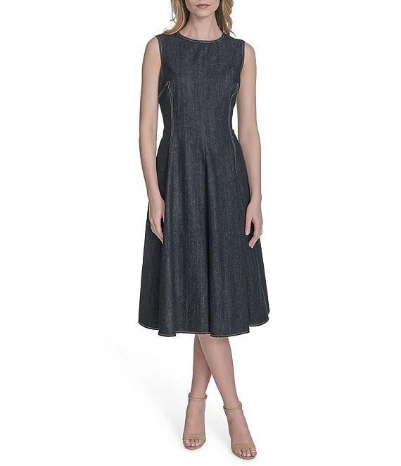 Vince Camuto Denim Boat Sleeveless Neckline Fit and Flare Midi Dress Product Image