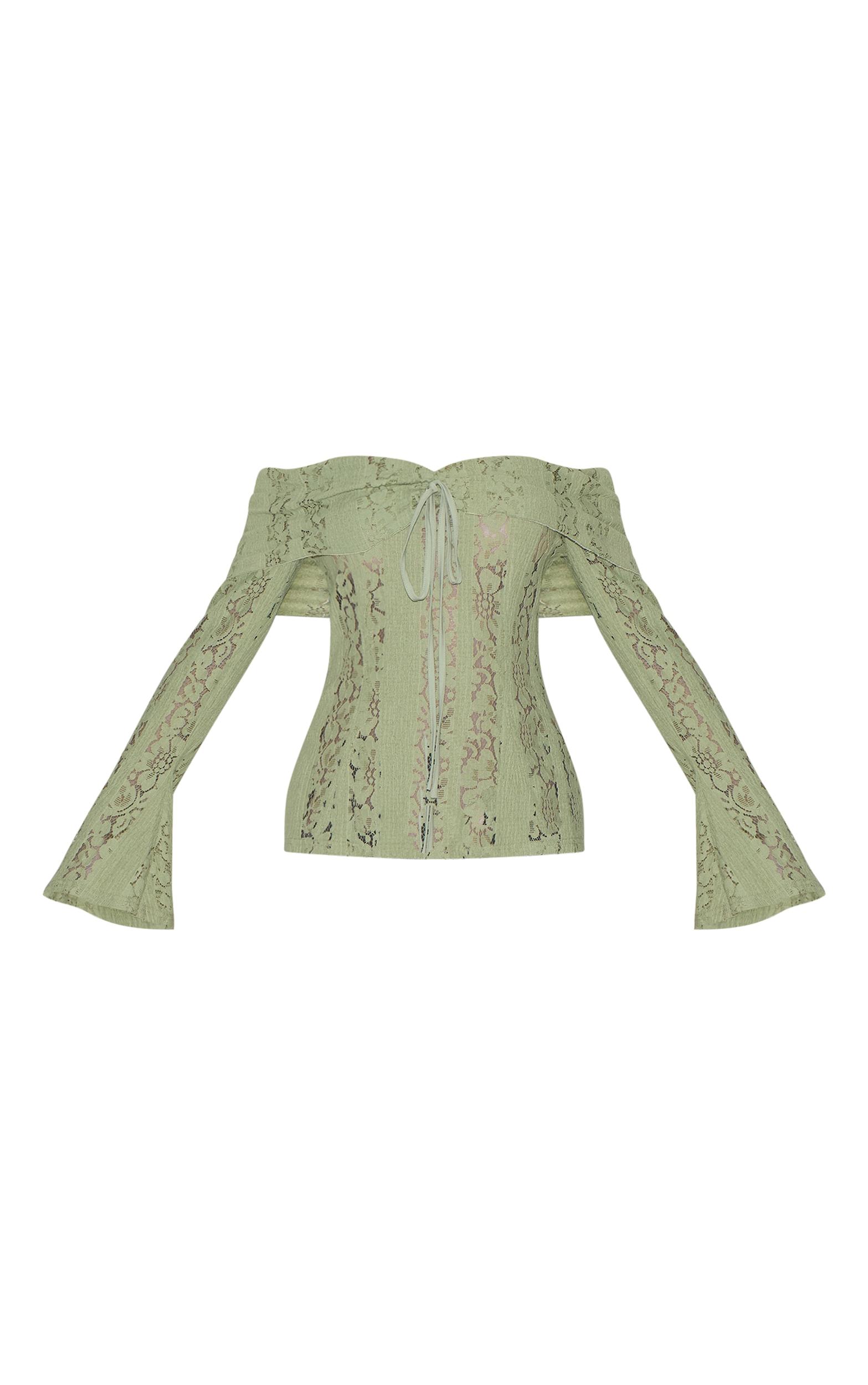 Sage Fitted Lace Flared Sleeve Bardot Top Product Image