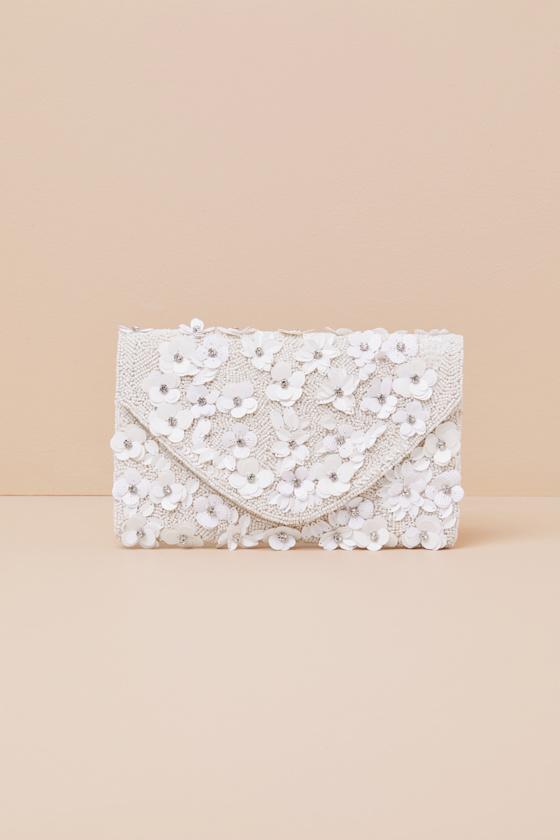 Vinka White Beaded Floral Sequin Rhinestone Clutch Product Image