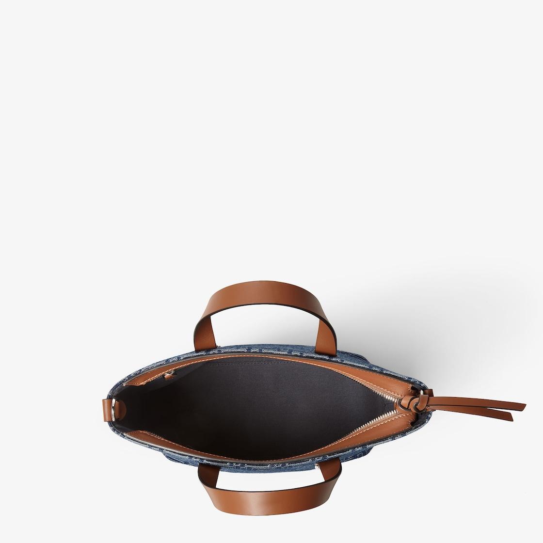 FF Shopping Bag SmallBlue denim-effect FF Jacquard and brown leather bag Product Image