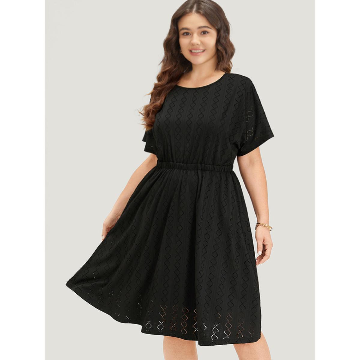 Plus Size Plain Geo Eyelet Batwing Sleeve Elastic Waist Dress Black Women Casual Texture Round Neck Short sleeve Curvy Midi Dress BloomChic 28/5X Product Image