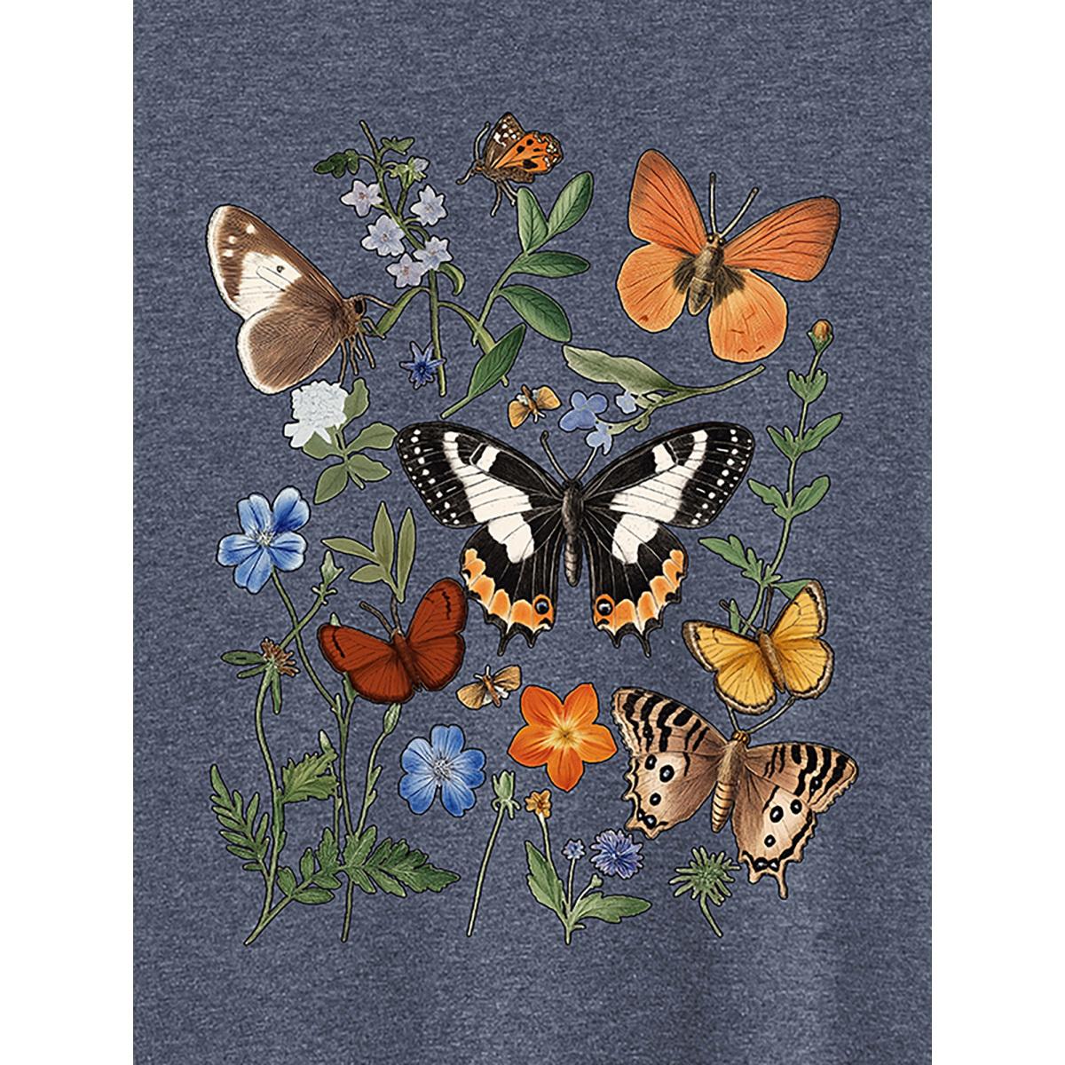 Plus Size Boho Floral Motif Round Neck T-Shirt Indigo Women Non Natural Flowers Round Neck Everyday-Casual T-shirts BloomChic 10/M Product Image