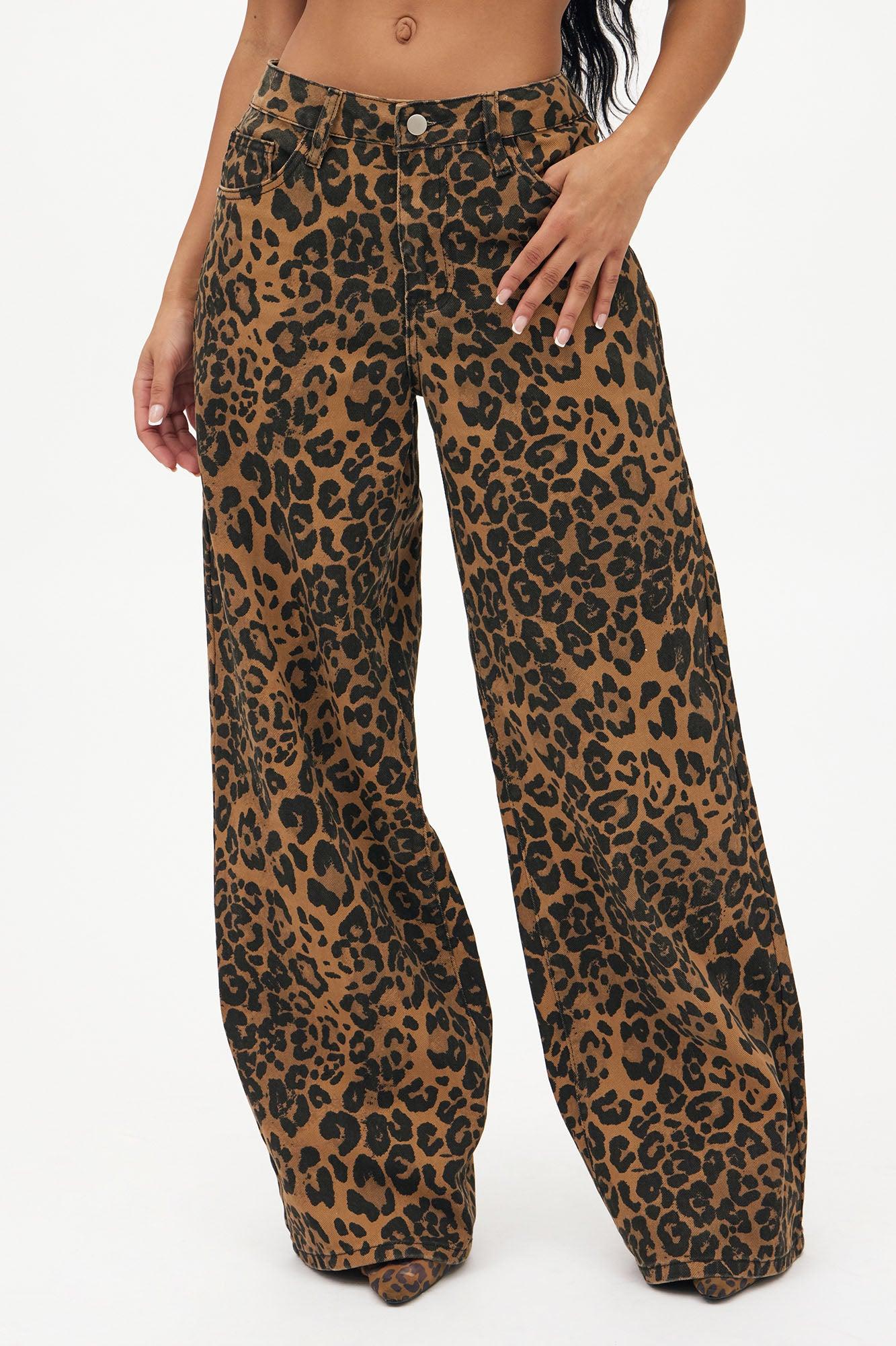 She's A Wild One Leopard Print Wide Leg Jeans - Brown Combo Product Image