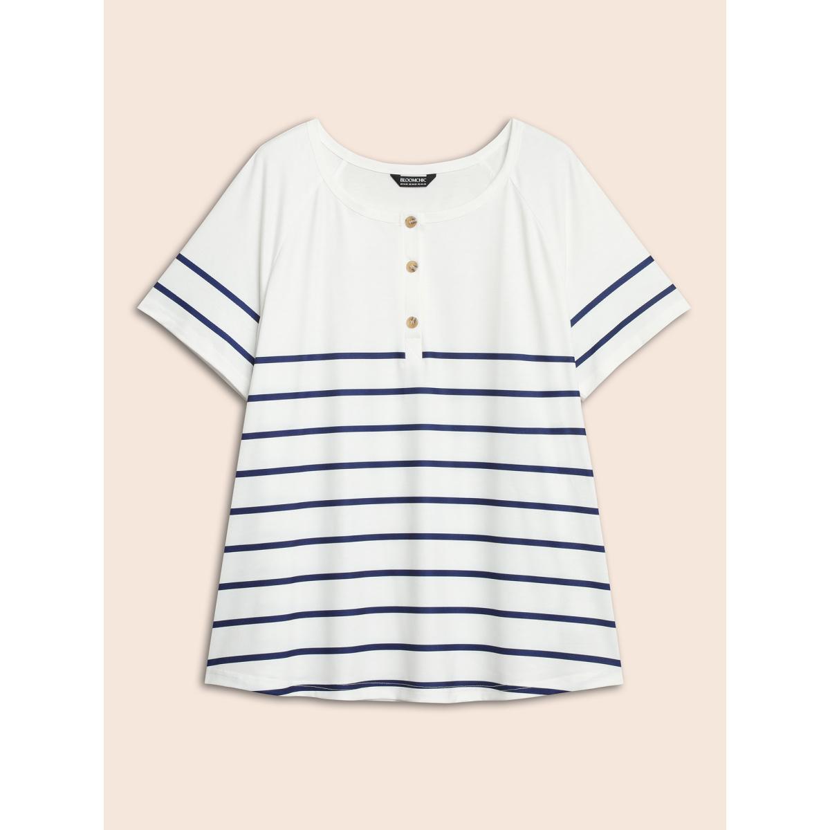 Plus Size Striped Print Raglan Sleeve Button Up T-shirt White Women Casual Contrast Striped Round Neck Everyday T-shirts BloomChic 30/6X Product Image