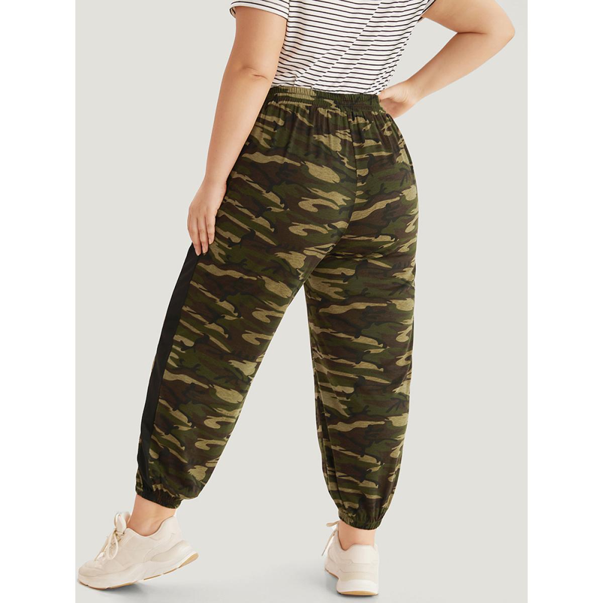 Camo Print Drawstring Pocket Patchwork Sweatpants Multicolor Plus Size Women Casual Dailywear Patchwork 22-24/3X Bloomchic Product Image
