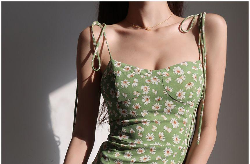 Spaghetti Strap Floral Slim-Fit Slit Midi Dress Product Image