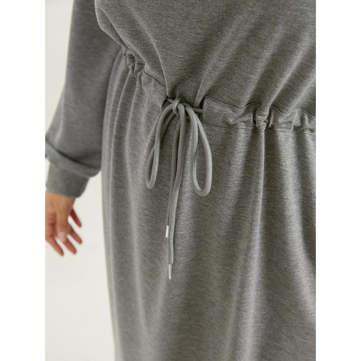 Plus Size Rib Knit Split Hem Drawstring Zipper Dress DimGray Women Casual Plain Lapel Collar Long Sleeve Curvy Midi Dress BloomChic 26/4X Product Image