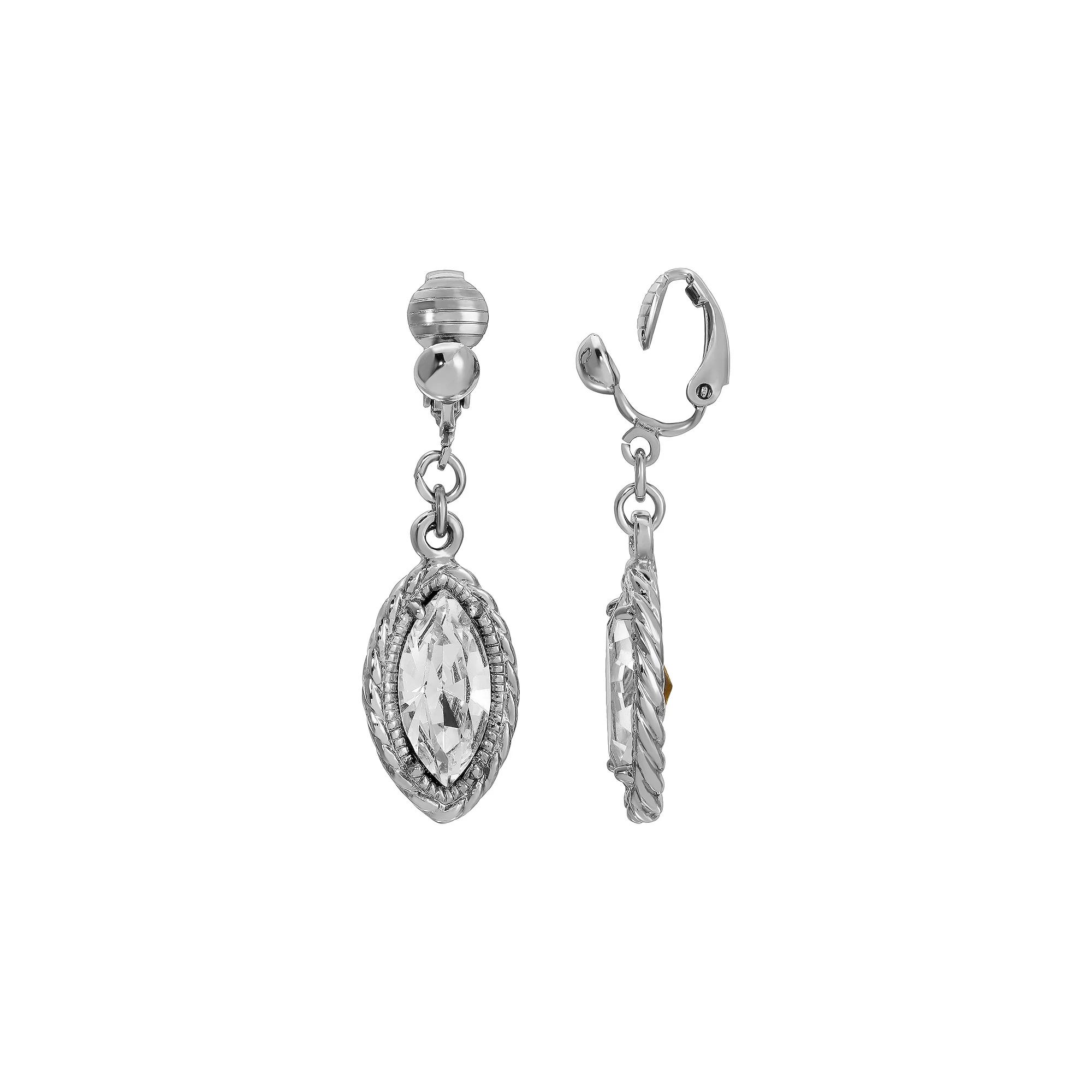 1928 Silver-Tone Clear Crystal Navette-Shaped Clip-On Earrings, Womens, White Product Image