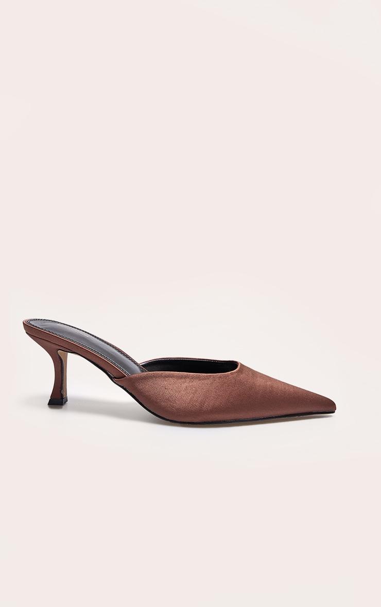 Chocolate Satin Point Toe Mid Stiletto Heeled Mules Product Image