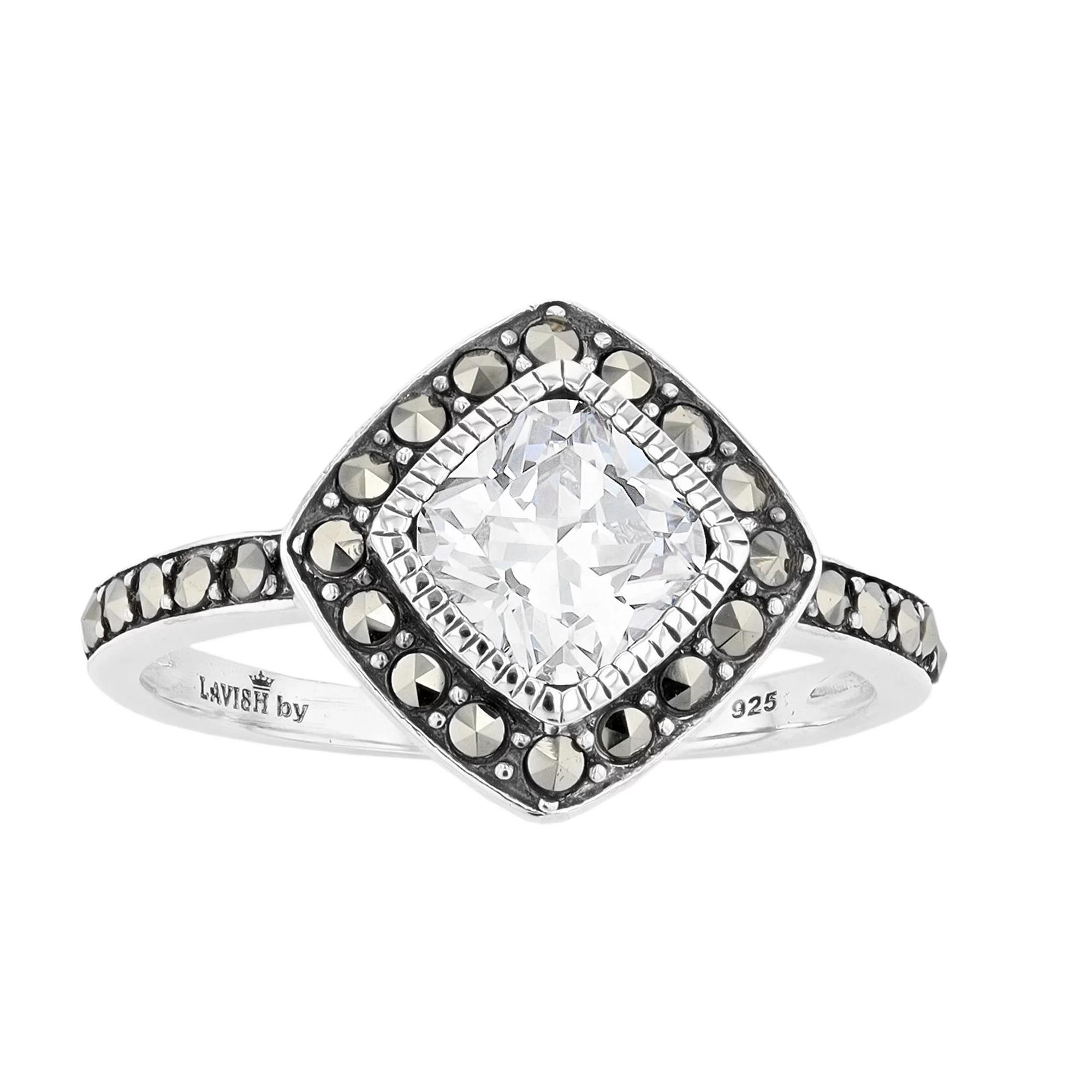 Lavish by TJM Sterling Silver Cushion White Cubic Zirconia & Marcasite Ring, Women's, Size: 9 Product Image