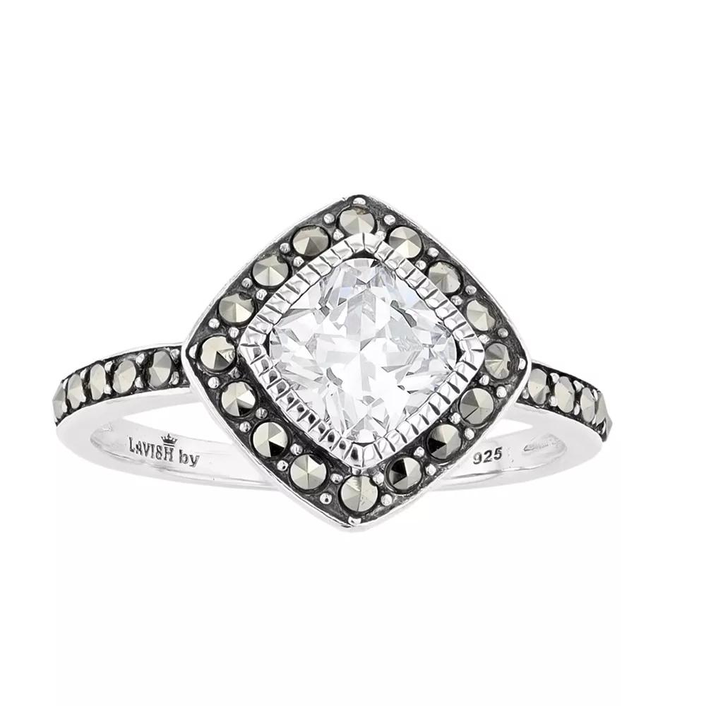 Lavish by TJM Sterling Silver Cushion White Cubic Zirconia & Marcasite Ring, Women's, Size: 9 Product Image