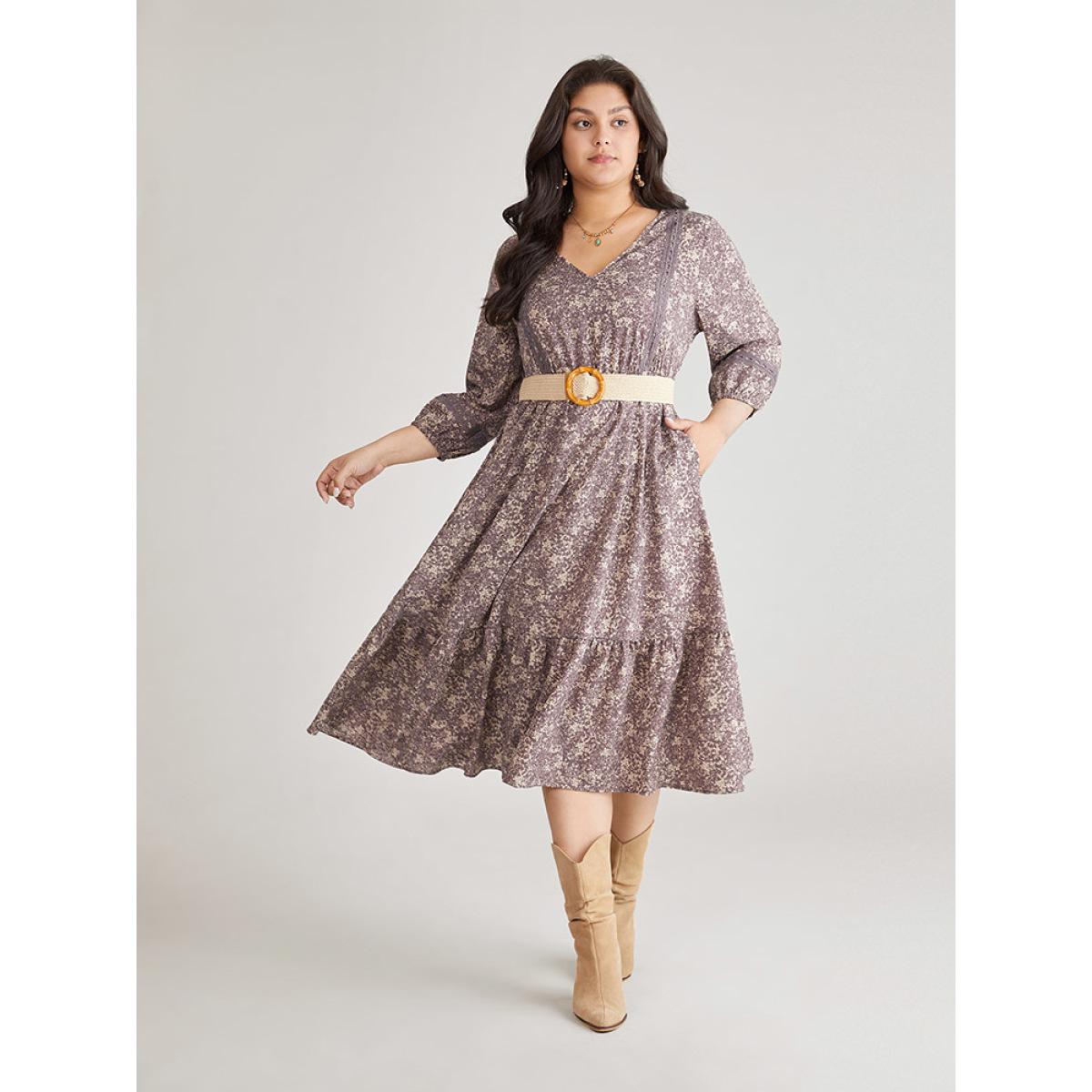 Plus Size Ditsy Floral Layered Flutter Hem Lace Insert Dress Mauve Women Vacation Elastic cuffs V-neck Elbow-length sleeve Curvy Midi Dress BloomChic 10/M Product Image