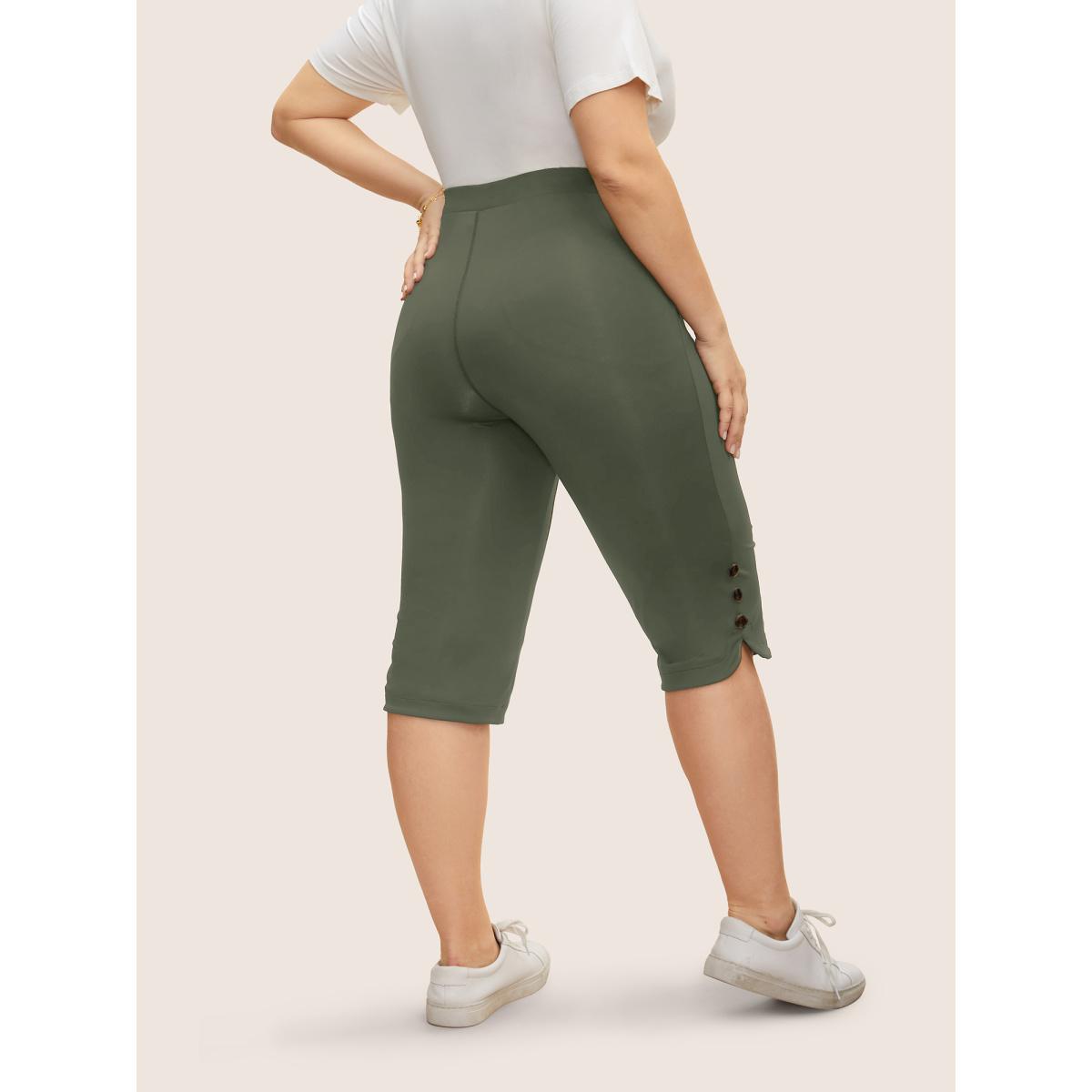 Plus Size Medium Stretch Button Detail Split Side Leggings Women ArmyGreen Casual Medium stretch Skinny Mid Rise Everyday Leggings BloomChic 10/M Product Image