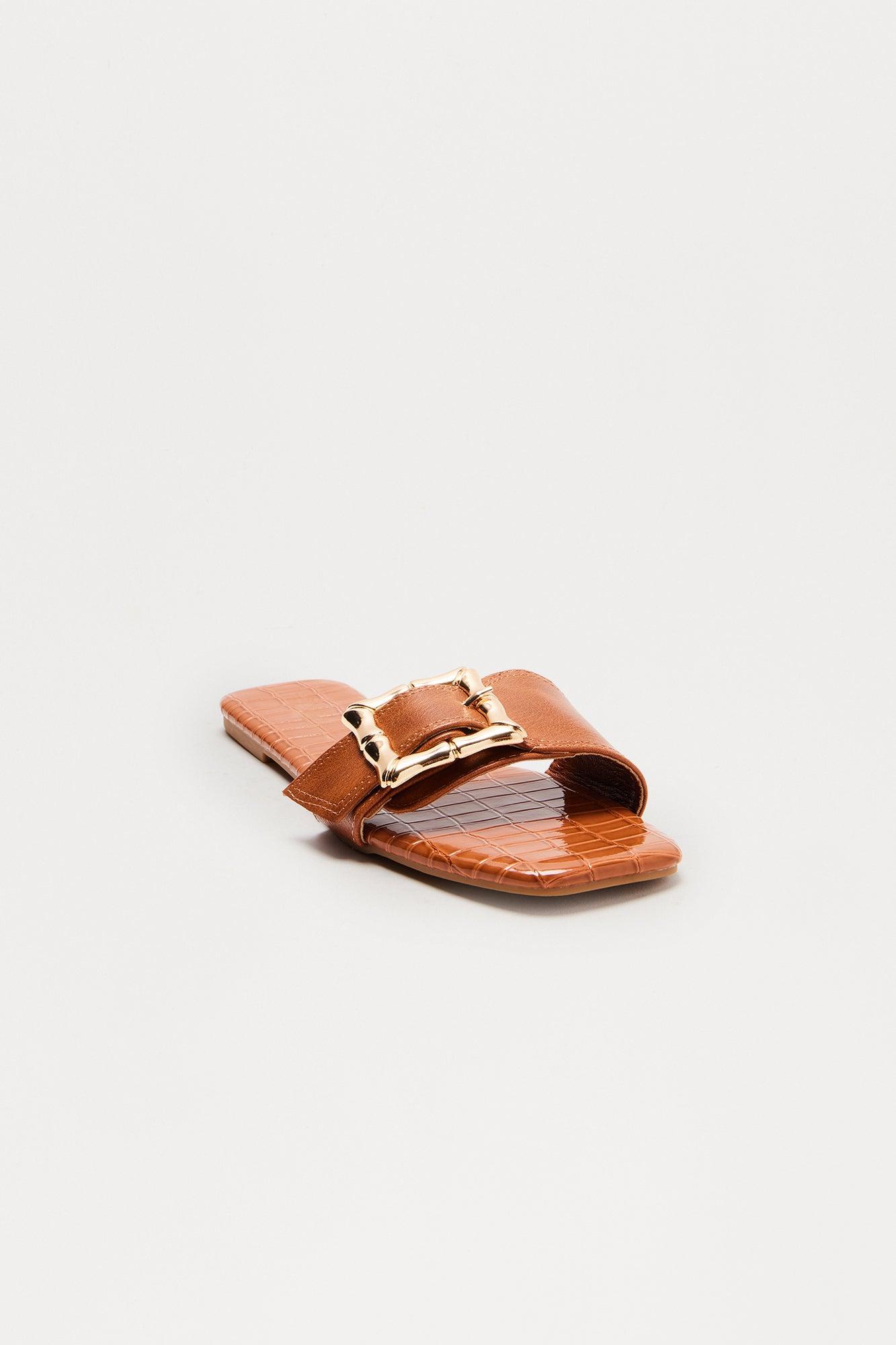 Lenny Buckle Faux Leather Croc Sandals - Tan Product Image