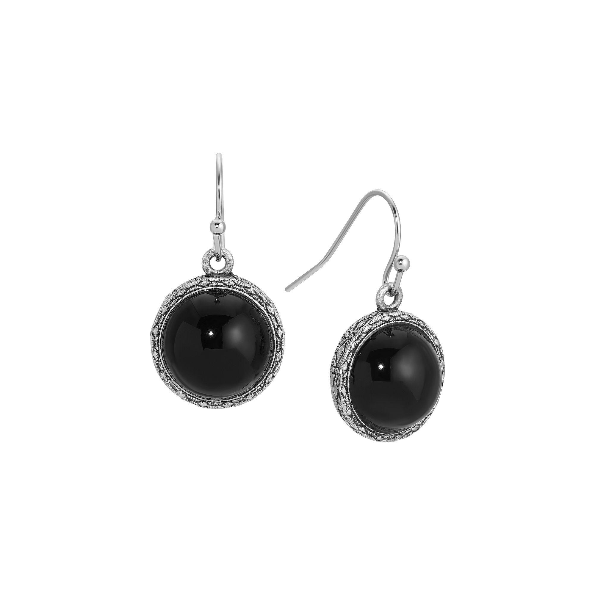 1928 Round Simulated Stone Wire Drop Earrings, Women's, Black Product Image