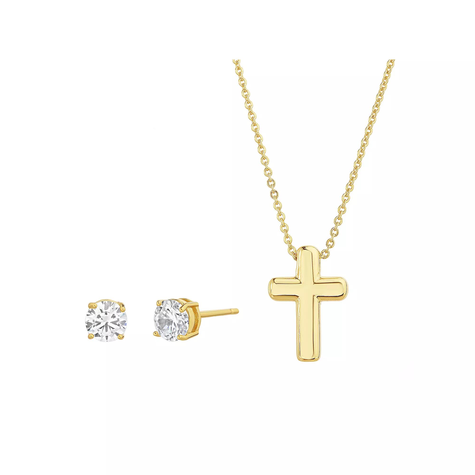 Guided by Faith 14k Gold Plated Puffy Cross Necklace & Cubic Zirconia Stud Earring Set, Womens Gold Tone Product Image