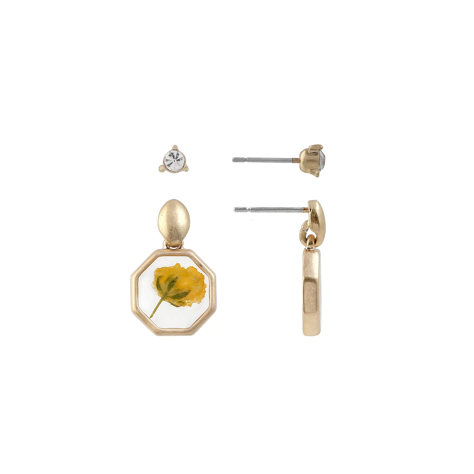 Bella Uno 2-Pair Worn Gold Tone Cubic Zirconia Stud & Yellow Pressed Flower Dangle Earring Set, Women's Product Image