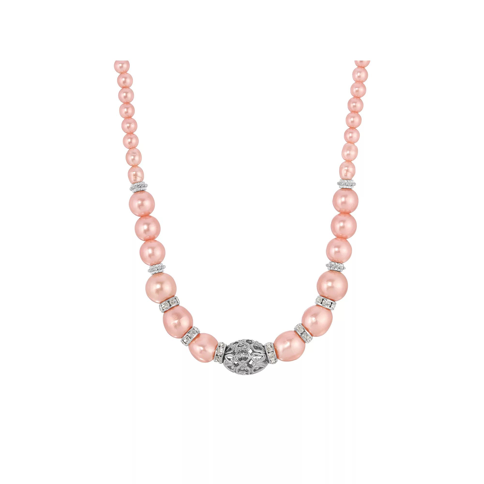 1928 Silver Tone Faux Pink Pearl Crystal & Filigree Necklace, Women's Product Image