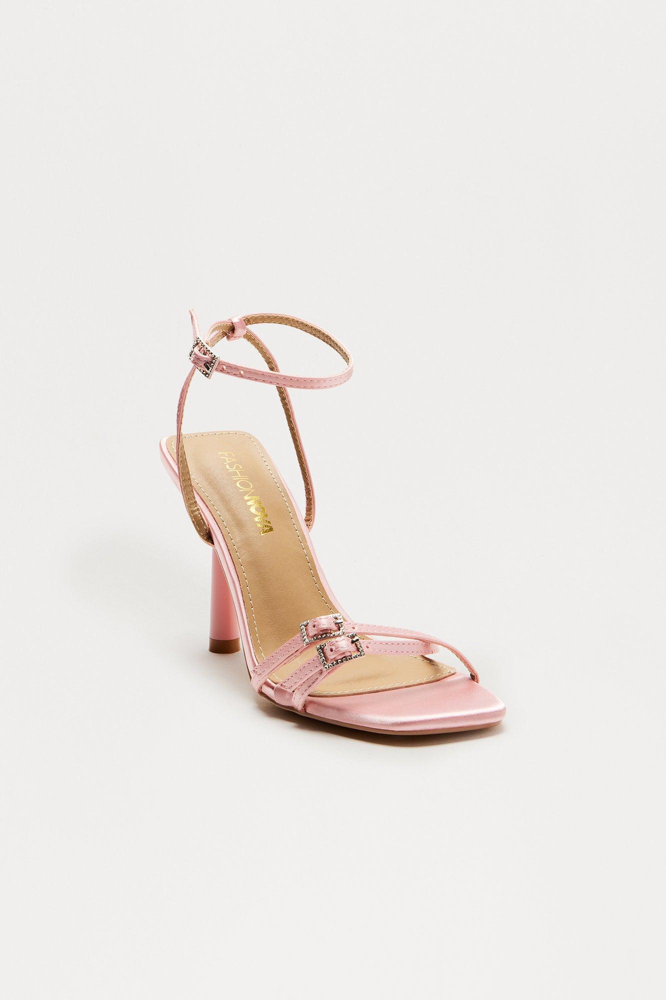 Flounce Satin Ankle Strap Heels - Pink Product Image