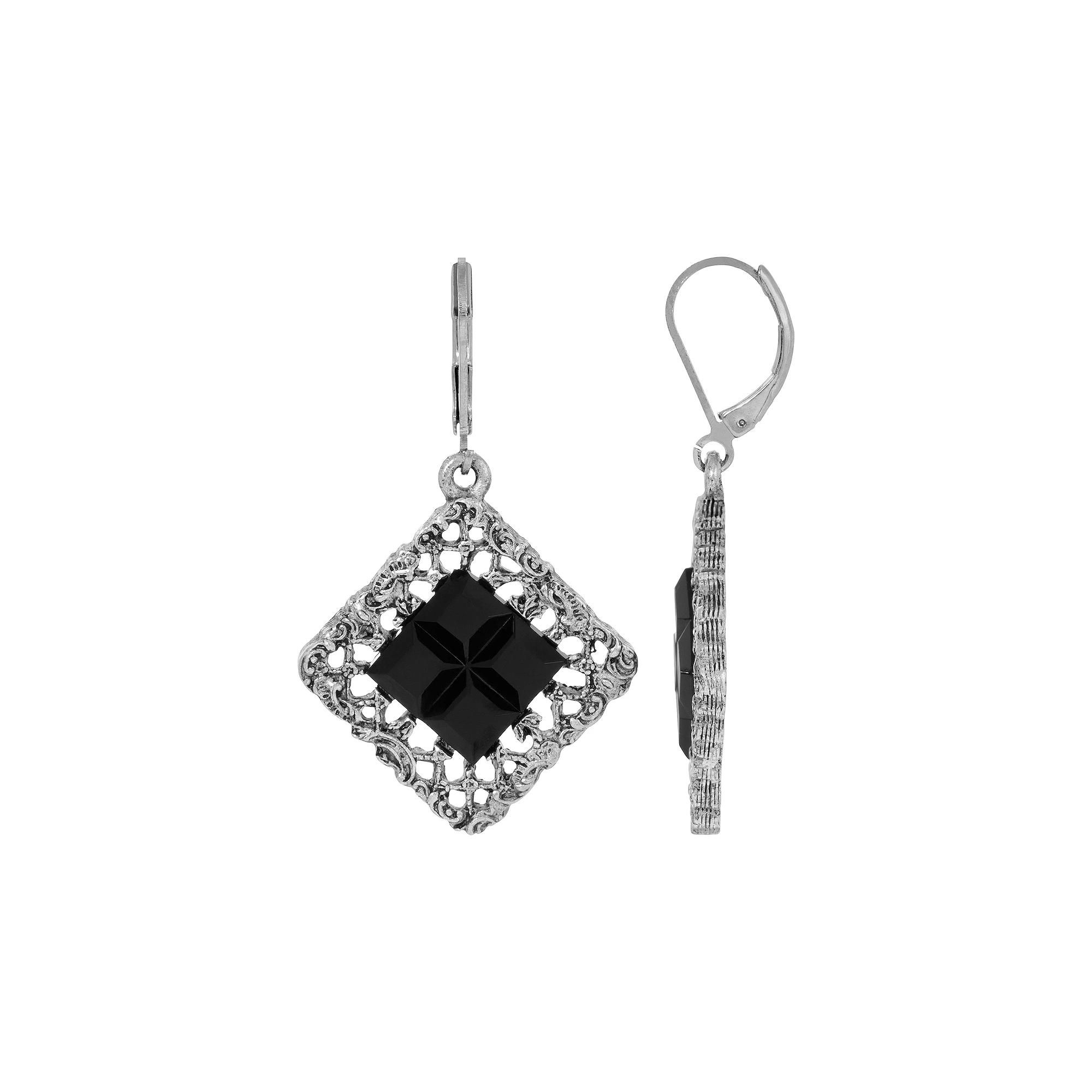 1928 Silver Tone Square With Jet Black Stone Earrings, Womens Product Image