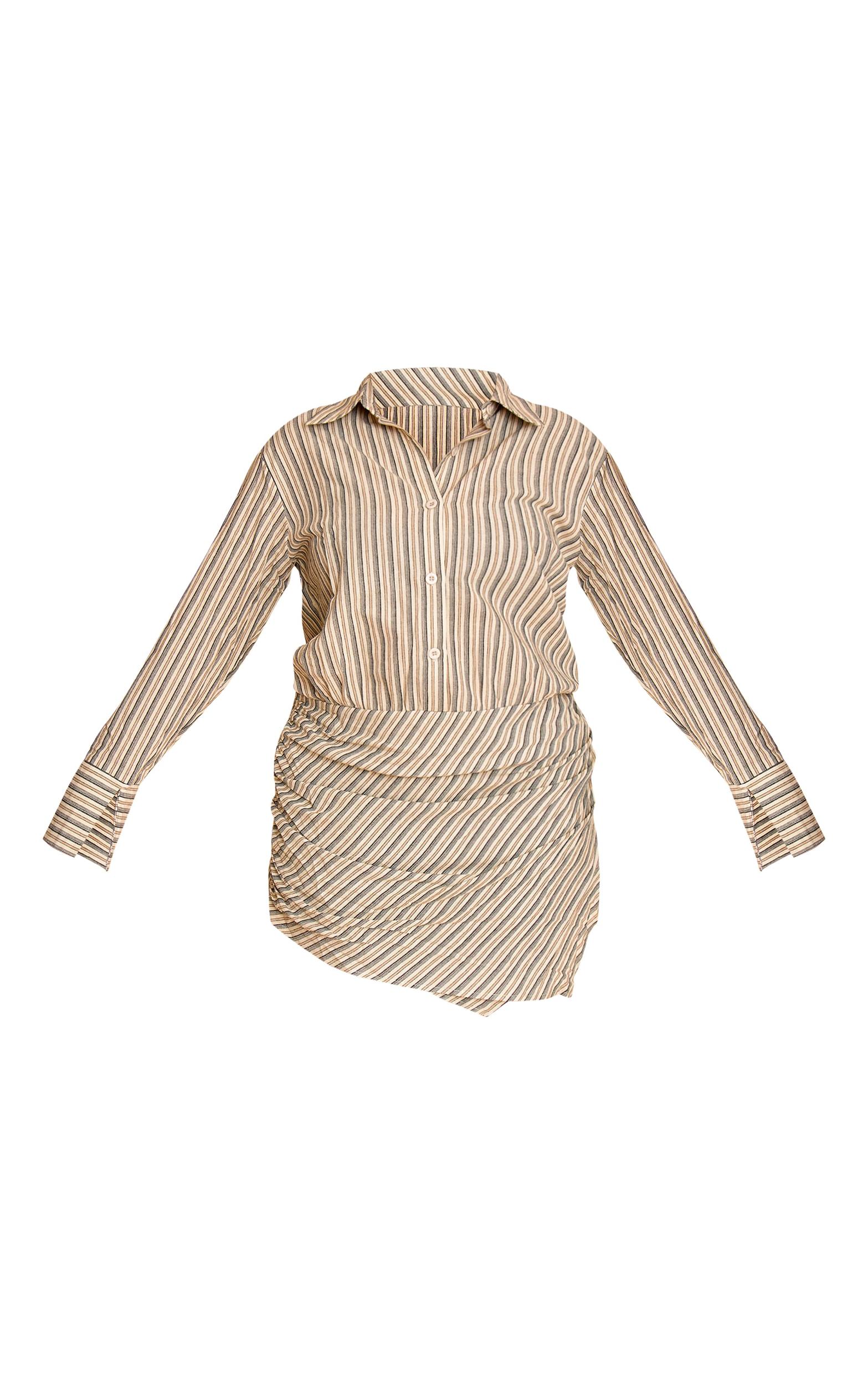 Plus Stone Linen Look Stripe Shirt Style Long Sleeve Skort Romper Product Image