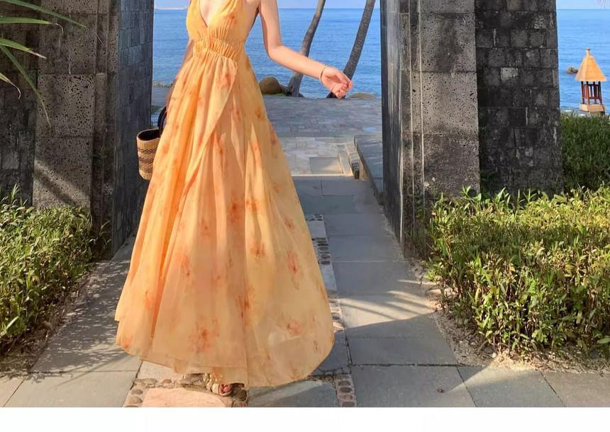 Spaghetti Strap Floral Open Back Midi A-Line Sundress Product Image