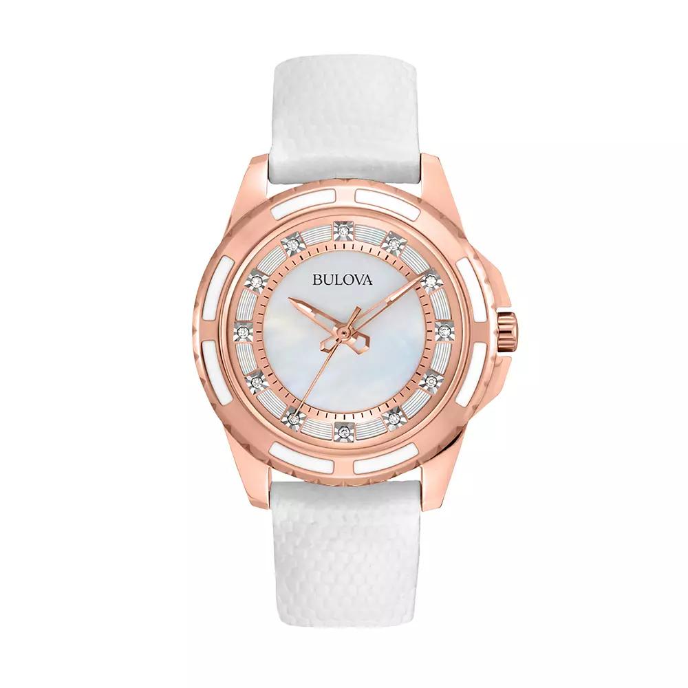 Bulova Stainless Steel Rose Gold Tone Diamond Accent & Mother-of-Pearl Leather Watch - 98P119 - Women, Women's,  Product Image