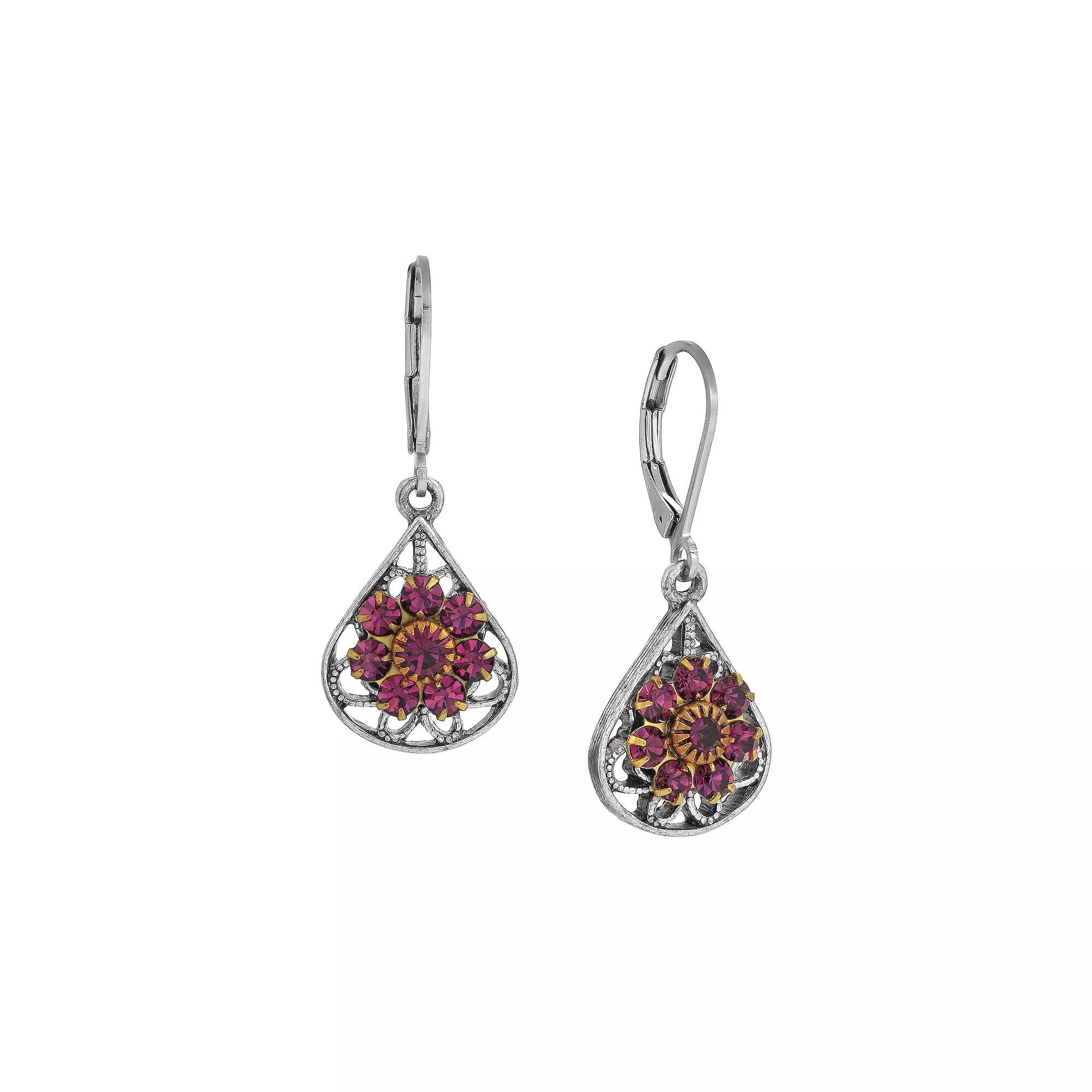1928 Silver Tone Purple Crystal Flower Teardrop Earrings, Womens Product Image