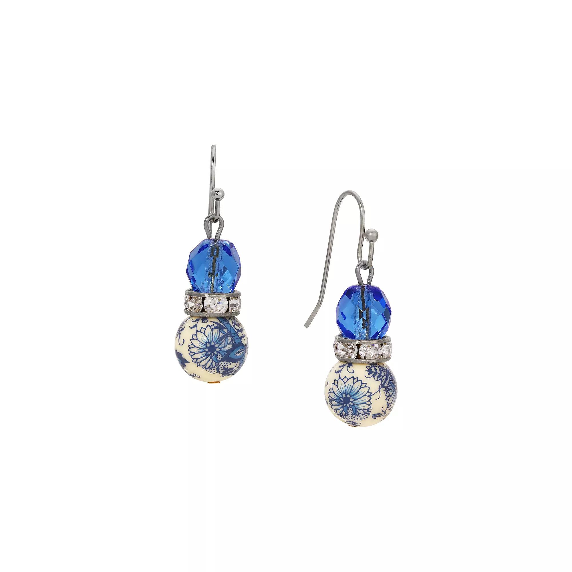 1928 Silver Tone Blue & Floral Bead Drop Earrings, Women's Product Image