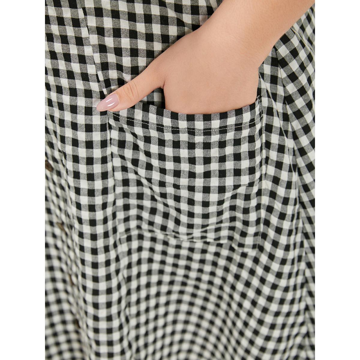 Plus Size Gingham Button Detail Pocket Ruffle Cap Sleeve Dress Black Women Elegant Button V-neck Cap Sleeve Curvy Knee Dress BloomChic 28/5X Product Image