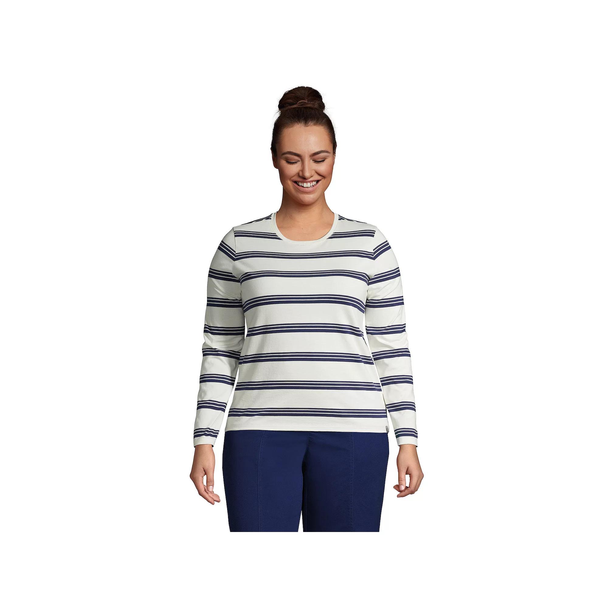 Plus Size Lands' End Long Sleeve Relaxed Supima Cotton Crewneck Tee, Women's, Size: 2XL, Ivory Founder Stripe Product Image