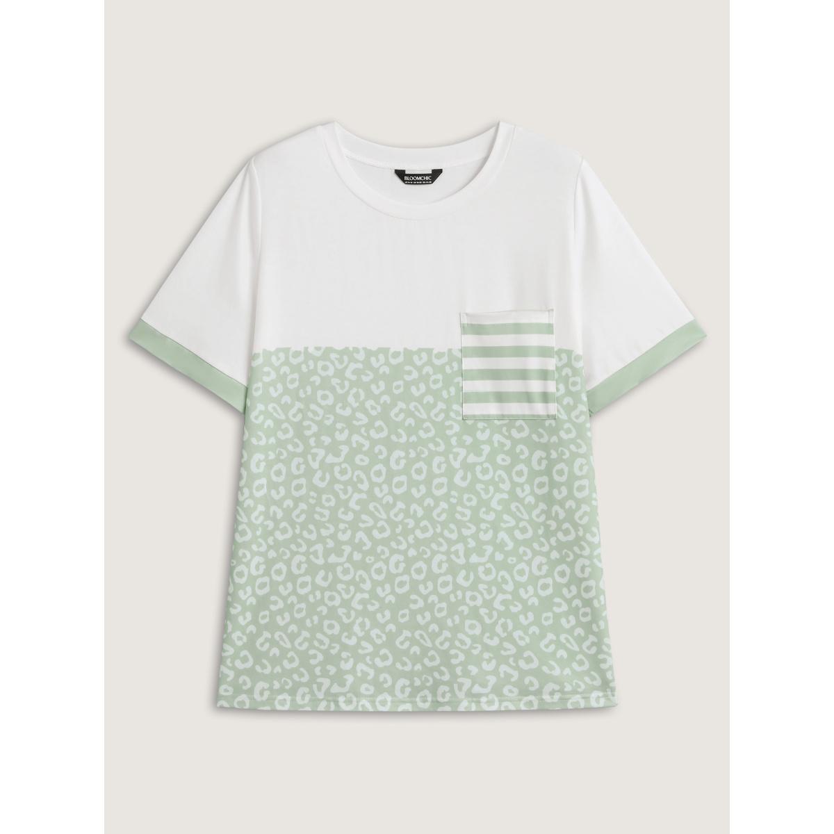 Plus Size Leopard Print Color Contrast T-Shirt Greenbean Women Leisure Contrast Round Neck Casual T-shirts BloomChic 18-20/2X Product Image