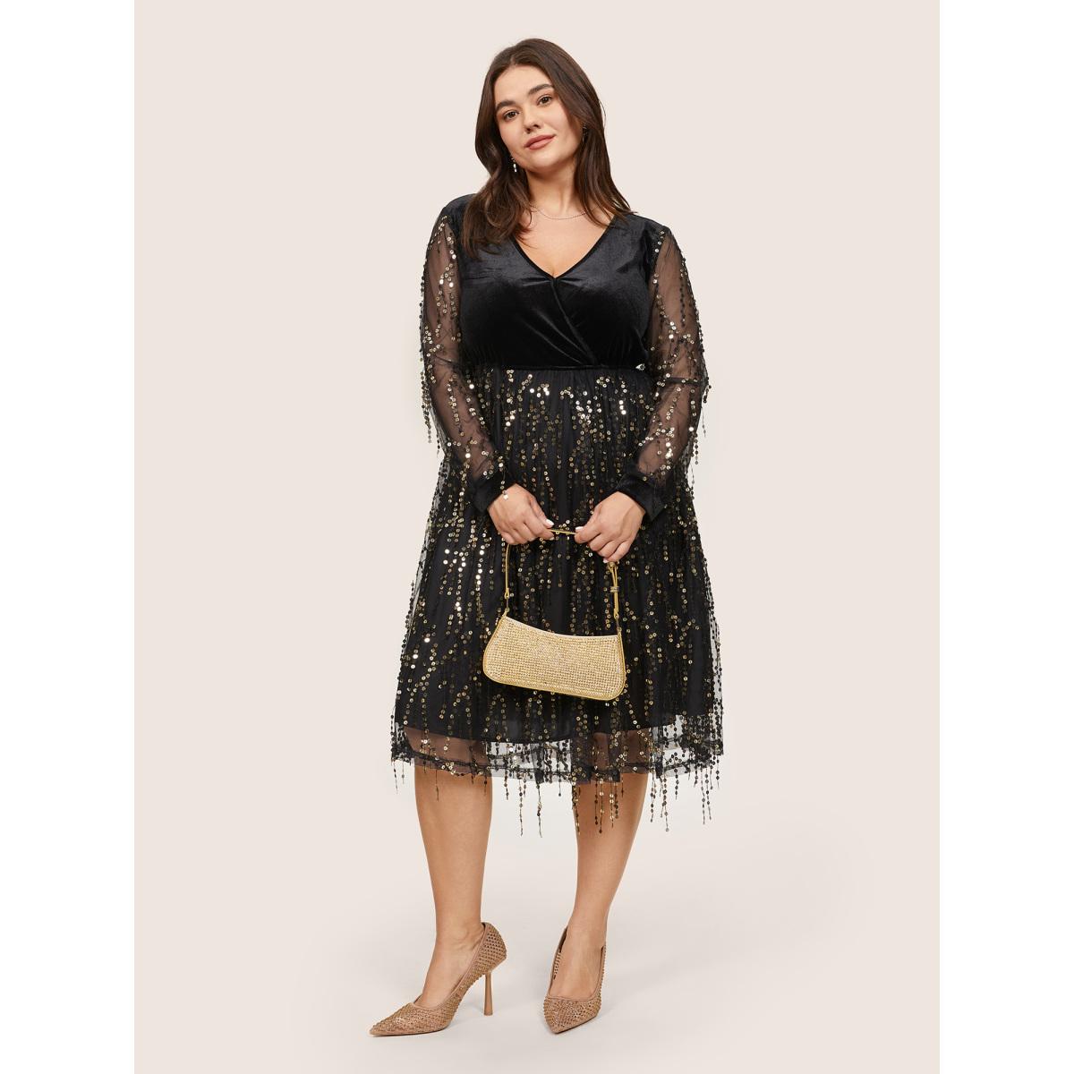 Plus Size Velvet Sequin Tassels Mesh Surplice Neck Dress Black Women Cocktail Sequin Overlap Collar Long Sleeve Curvy Midi Dress BloomChic 14-16/1X Product Image