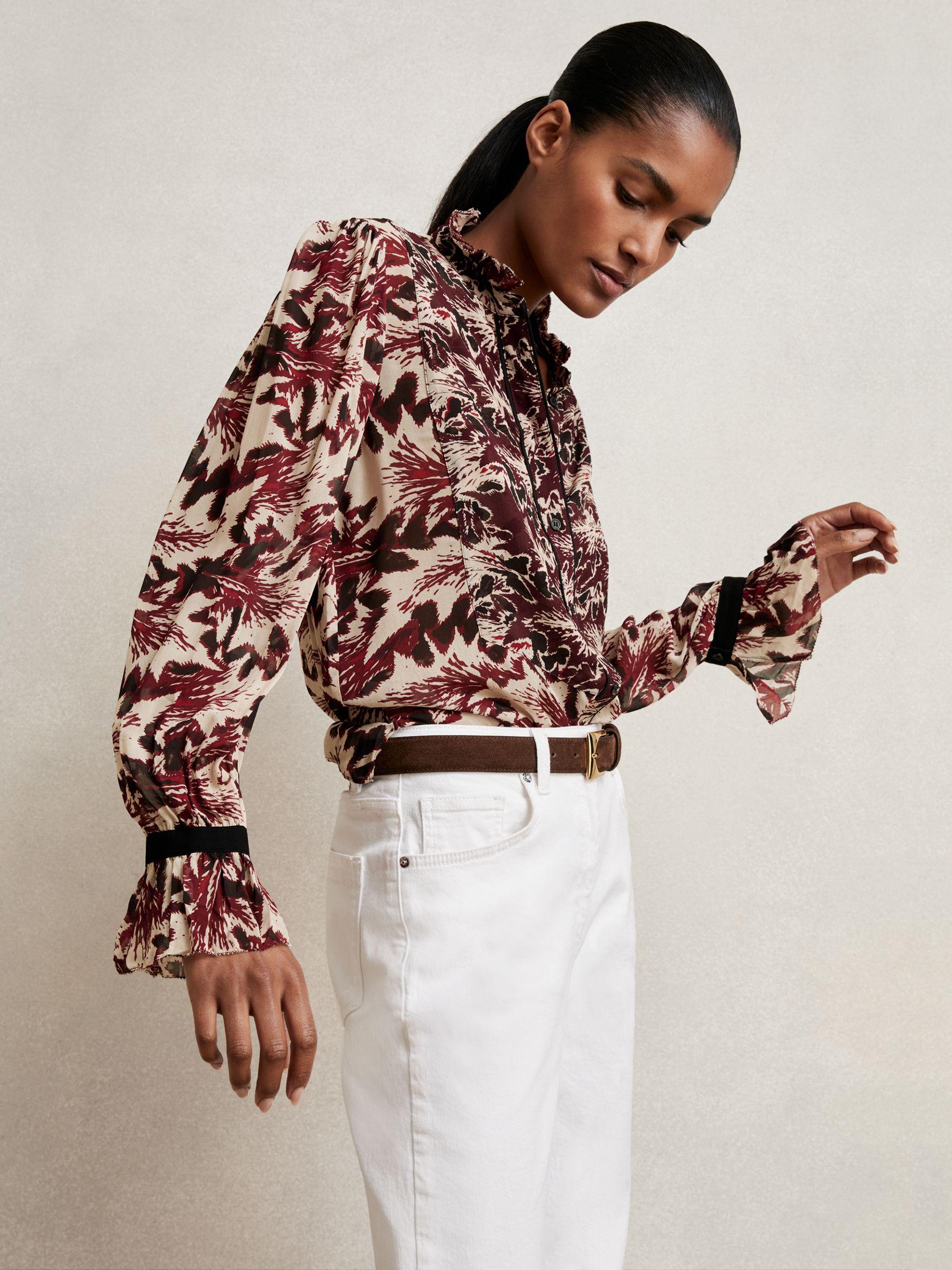 Abstract-Print Ruffle-Neck Shirt in Burgundy/Cream Product Image