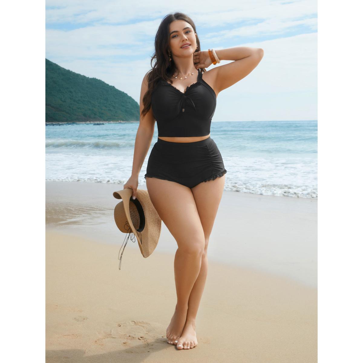 Plus Size Bust Knot-Tie Ruffle Trim Supportive Swim Top Women's Swimwear Aegean Resort Knotted High stretch Skinny Heart neckline Curve Swim Tops BloomChic 26/4X Product Image
