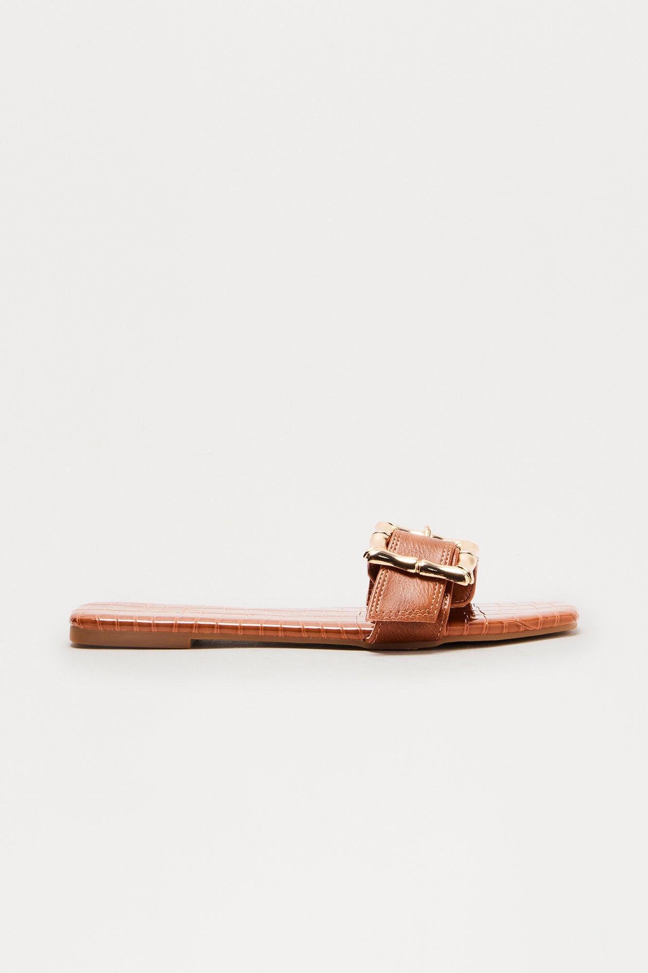 Lenny Buckle Faux Leather Croc Sandals - Tan Product Image