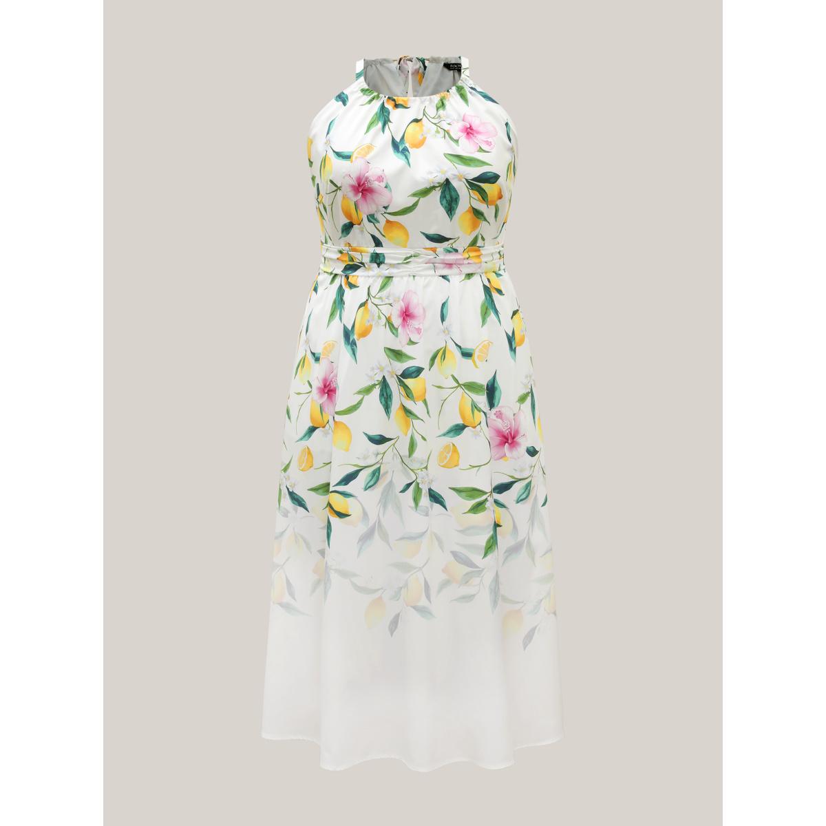 Plus Size Large Floral Pattern Pleated Waist Midi Dress WhiteSmoke Women Halter neck Sleeveless Curvy BloomChic 26/4X Product Image