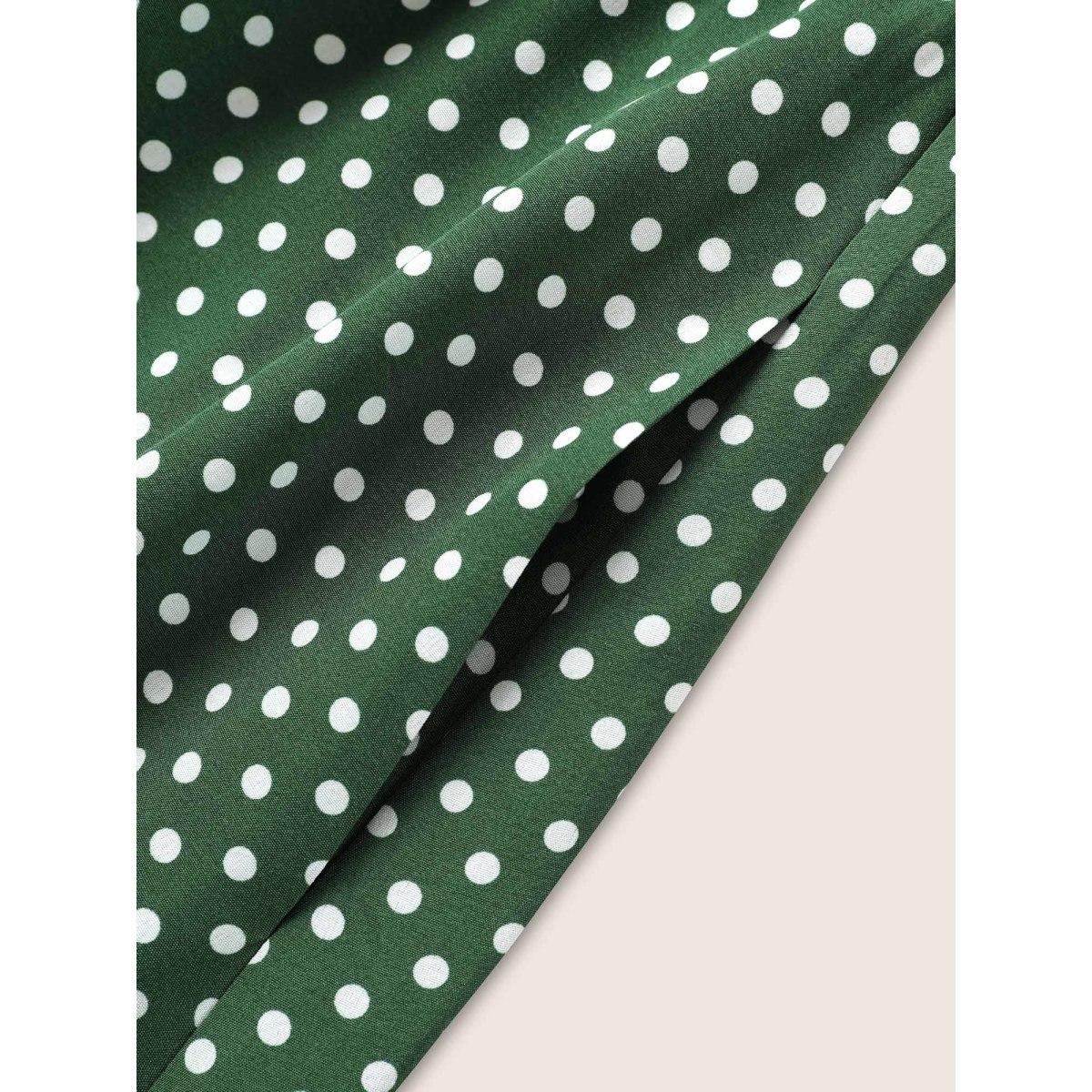 Plus Size Polka Dot Flutter Trim Belted Overlap Collar Dress Green Women Elegant Non Overlap Collar Short sleeve Curvy Midi Dress BloomChic 18-20/2X Product Image