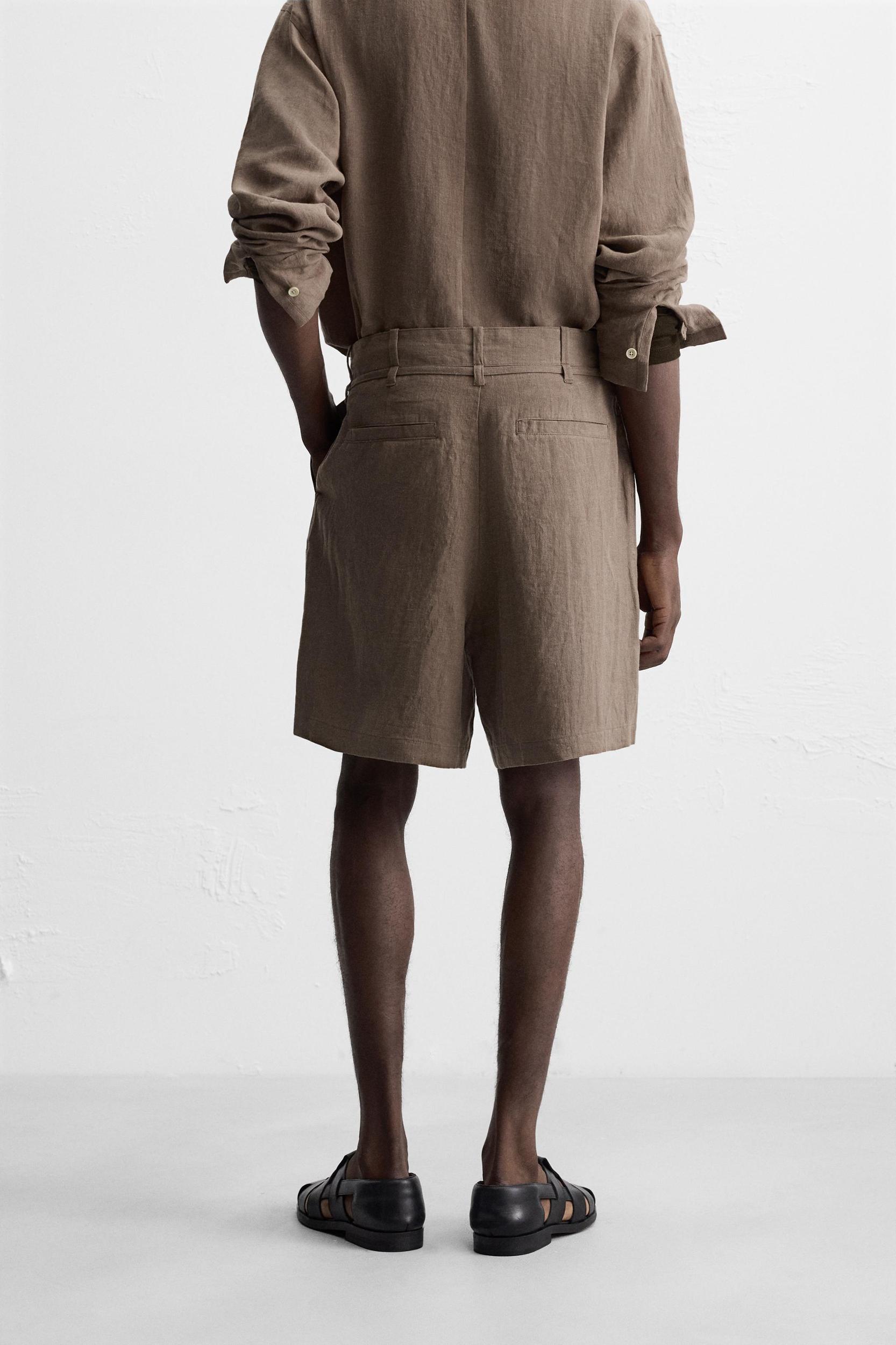 100% LINEN BELTED BERMUDA SHORTS Product Image